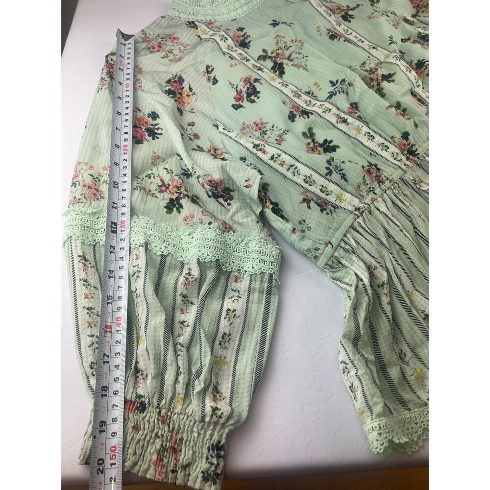 ~ Anthropologie XL Hemant & Nandita Blouse Floral Mint Lace Aqua Green Elastic - Picture 16 of 16